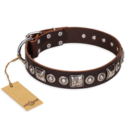 'Pierian spring' FDT Artisan Brown Leather Doberman Dog Collar with Silvery Decorations - 1 1/2 inch (40 mm) wide
