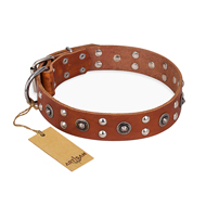 'Silver Elegance' FDT Artisan Tan Leather Doberman Collar with Old Silver-Like Plated Studs and Cones 1 1/2 inch (40 mm) Wide