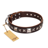 'Perfect Impression' FDT Artisan Brown Leather Doberman Collar with Silvery Square Studs - 1 1/2 inch (40 mm) Wide