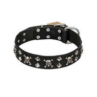 FDT Artisan 'Rock 'n' Roll Style' Leather Doberman Collar with Skulls, Bones and Studs 1 1/2 inch (40 mm) wide
