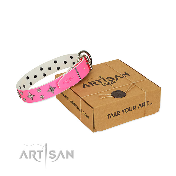 Stylish walking genuine leather dog collar with decorations