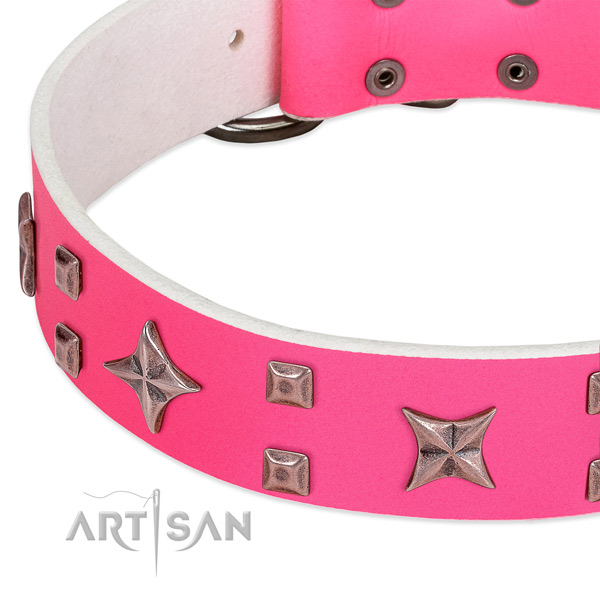 Strong D-ring on genuine leather collar for fancy walking your pet