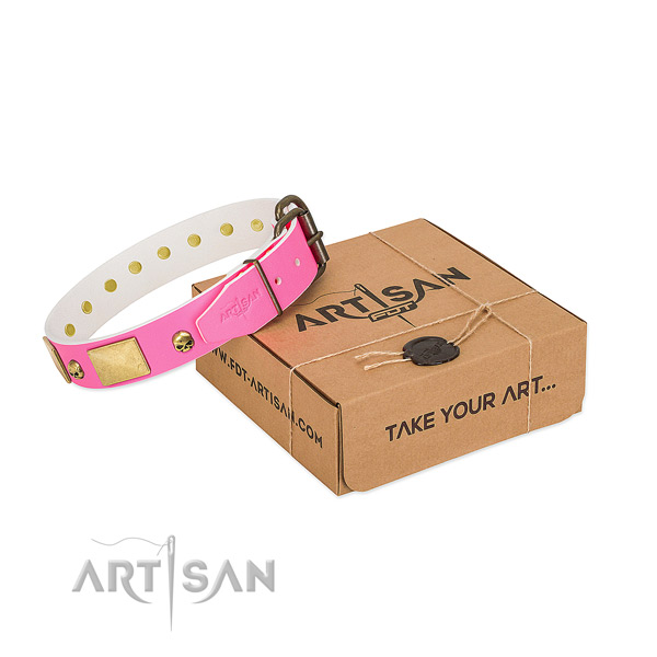 Soft natural leather collar with corrosion proof adornments for your dog