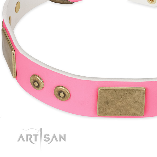 Natural genuine leather dog collar with decorations for comfy wearing