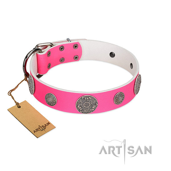 Impressive embellished natural leather dog collar
