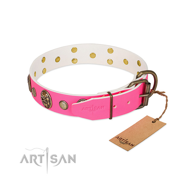 Rust-proof traditional buckle on full grain genuine leather dog collar for your canine