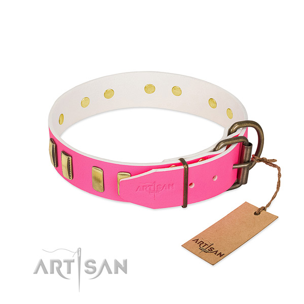 Flexible full grain natural leather dog collar with strong hardware