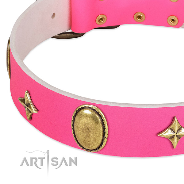 Gentle to touch full grain genuine leather dog collar with corrosion proof traditional buckle