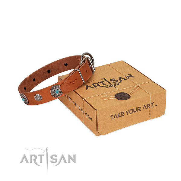 Handy use full grain genuine leather dog collar with embellishments