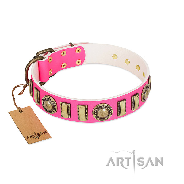 Convenient genuine leather dog collar with corrosion resistant hardware