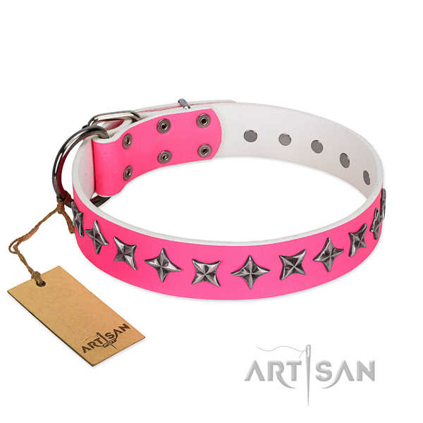 Easy wearing dog collar of strong full grain natural leather with embellishments