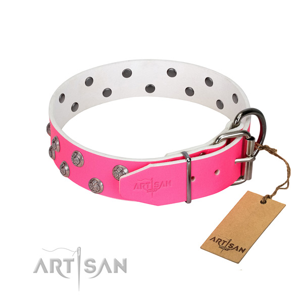 Reliable traditional buckle on adorned leather dog collar