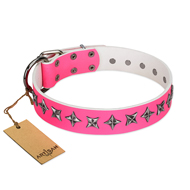 "Star Dreams" FDT Artisan Pink Leather Doberman Collar with Silver-like Stars "Star Dreams" FDT Artisan Pink Leather Doberman Collar with Silver-like Stars