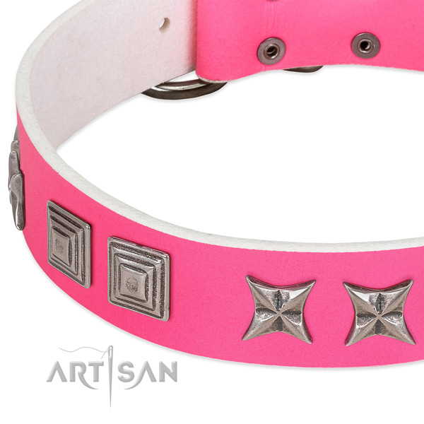 Gentle to touch leather dog collar with corrosion resistant fittings