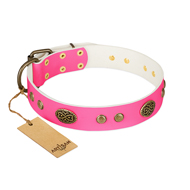 "Twinkle Pink" FDT Artisan Pink Leather Doberman Collar with Old Bronze Look Plates and Circles "Twinkle Pink" FDT Artisan Pink Leather Doberman Collar with Old Bronze Look Plates and Circles