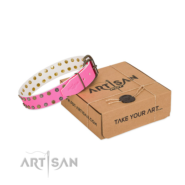 Quality genuine leather dog collar with adornments