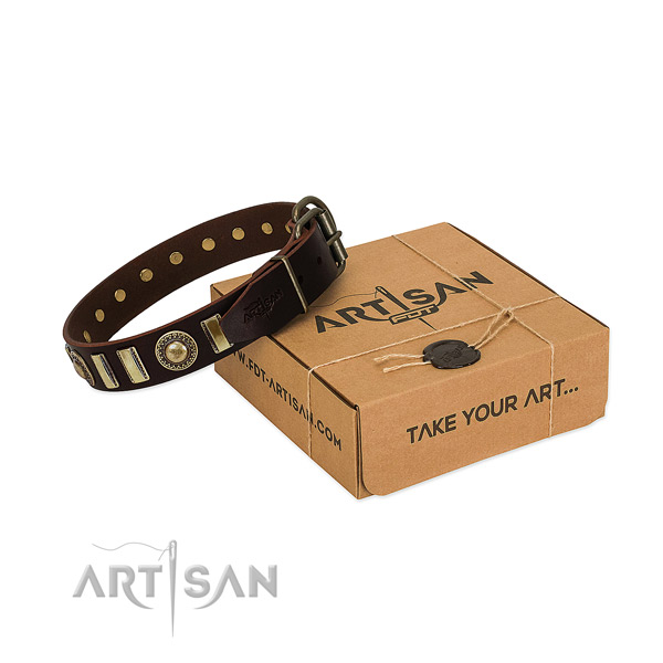 Soft to touch genuine leather dog collar with durable hardware