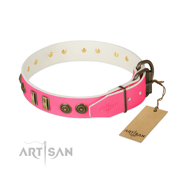 Rust-proof D-ring on full grain genuine leather dog collar for your canine