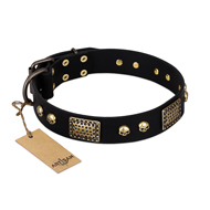 "Biker Style" FDT Artisan Black Leather Doberman Collar with Old Bronze Look Plates and Skulls "Biker Style" FDT Artisan Black Leather Doberman Collar with Old Bronze Look Plates and Skulls