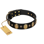 "Gilded Stones" FDT Artisan Black Leather Doberman Collar with Old Bronze-like Ovals and Studs - 1 1/2 inch (40 mm) wide