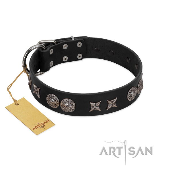 Corrosion resistant hardware on genuine leather dog collar for handy use
