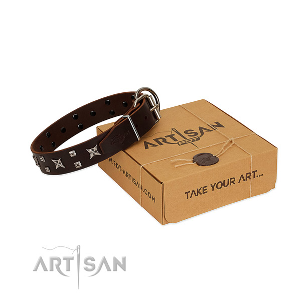 Top notch embellished full grain natural leather dog collar of reliable material