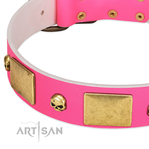 Reliable full grain genuine leather collar with corrosion resistant decorations for your dog