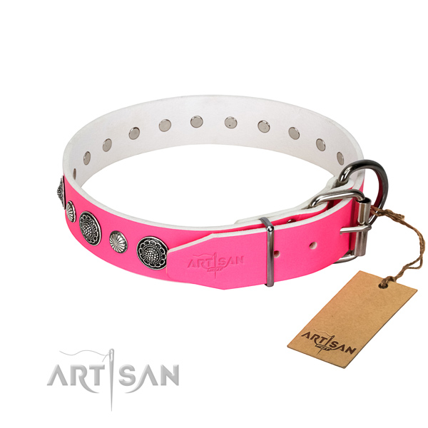 Soft genuine leather dog collar with rust resistant hardware