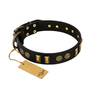 "Simple Elegance" FDT Artisan Black Leather Doberman Collar with Old Bronze-like Plates and Circles "Simple Elegance" FDT Artisan Black Leather Doberman Collar with Old Bronze-like Plates and Circles