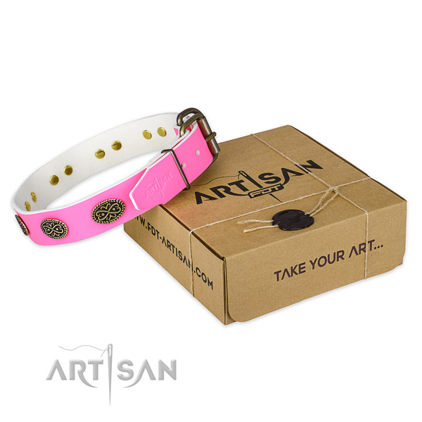 Embellished natural genuine leather dog collar for comfy wearing