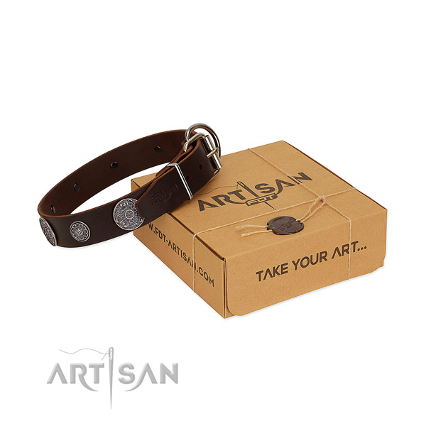 Daily walking soft to touch full grain leather dog collar with decorations