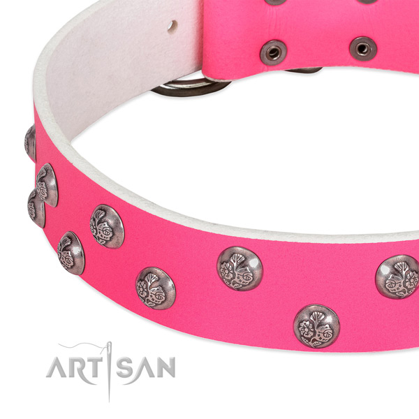 Genuine leather dog collar with rust resistant traditional buckle and adornments