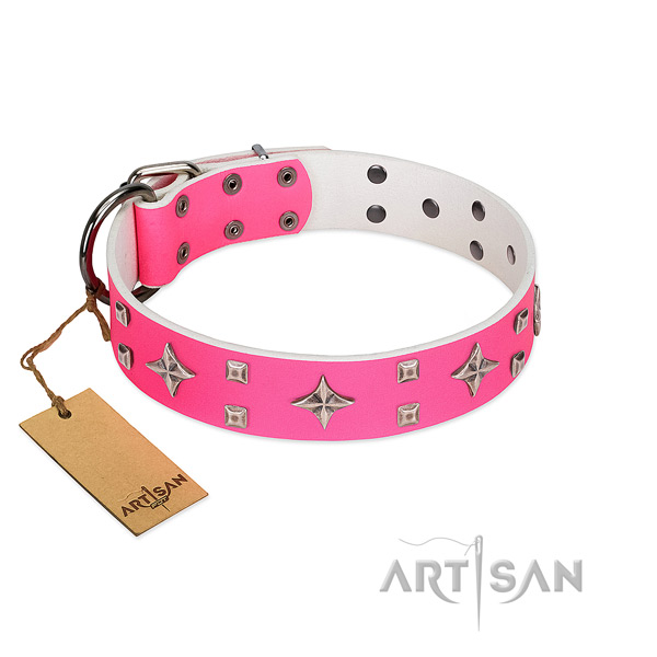 Easy wearing genuine leather dog collar with rust resistant buckle