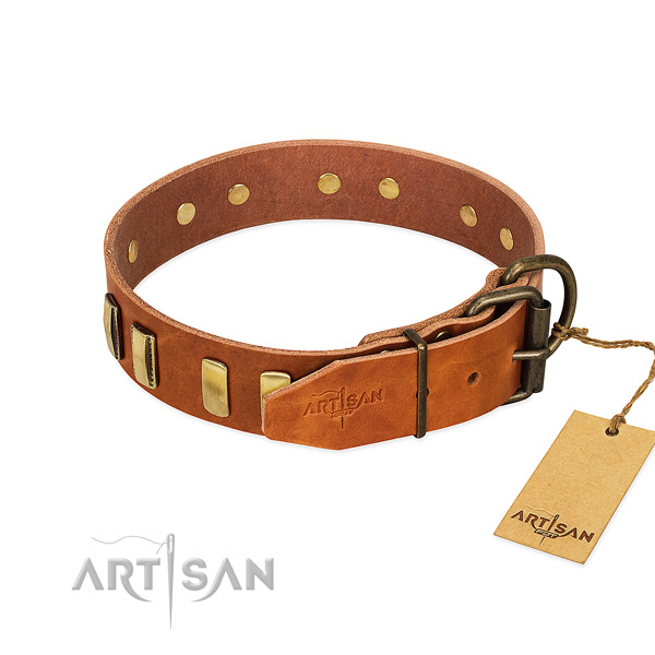 Soft to touch genuine leather dog collar with corrosion resistant D-ring