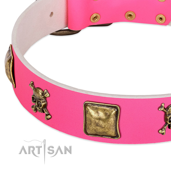 Gentle to touch full grain natural leather dog collar with fashionable adornments