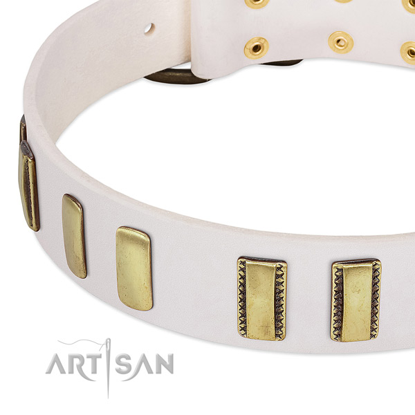 Best quality full grain natural leather dog collar with decorations for fancy walking