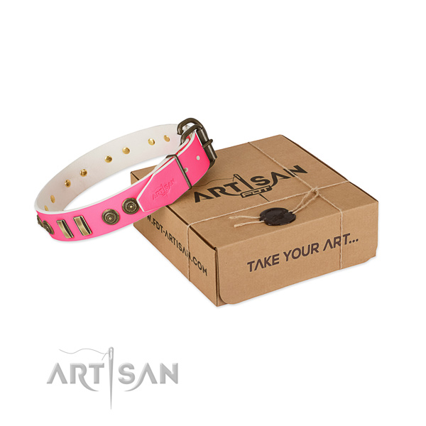 Corrosion resistant D-ring on full grain leather dog collar for your four-legged friend