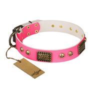 "Vintage and Glamour" FDT Artisan Pink Leather Doberman Collar with Old Bronze Look Plates and Skulls "Vintage and Glamour" FDT Artisan Pink Leather Doberman Collar with Old Bronze Look Plates and Skulls