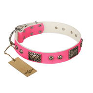 "Fashion Skulls" FDT Artisan Pink Leather Doberman Collar with Old Silver Look Plates and Skulls "Fashion Skulls" FDT Artisan Pink Leather Doberman Collar with Old Silver Look Plates and Skulls