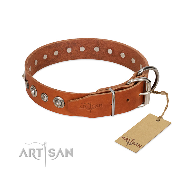 Strong full grain natural leather dog collar with stylish decorations