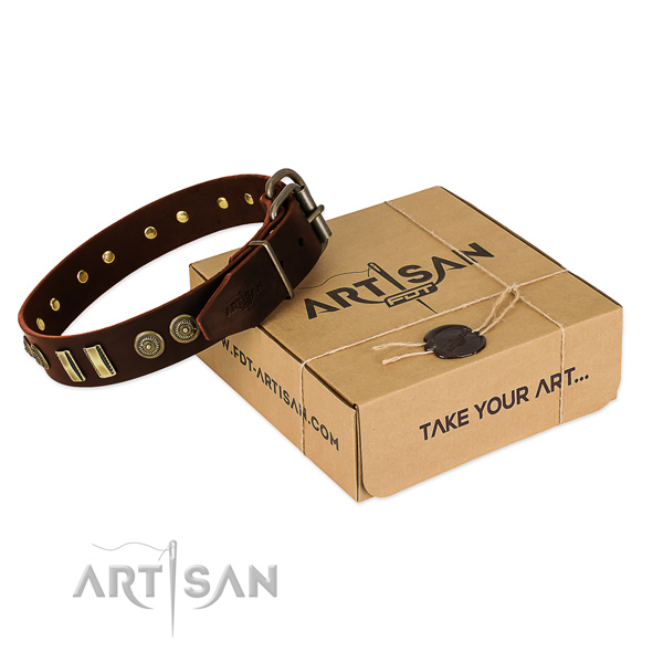 Strong decorations on full grain genuine leather dog collar for your pet