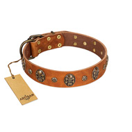"Rockstar" FDT Artisan Tan Leather Doberman Collar with Engraved Studs and Medallions