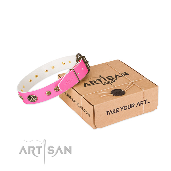 Reliable adornments on genuine leather dog collar for your four-legged friend