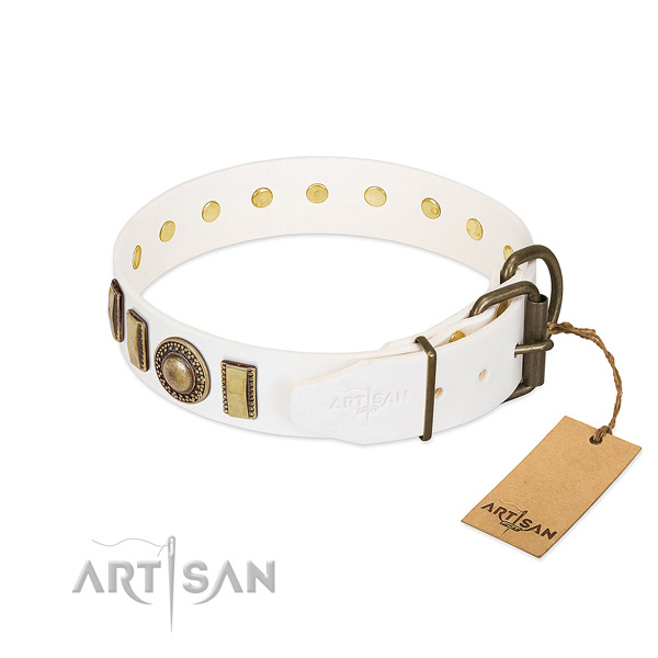 Remarkable full grain natural leather dog collar with rust-proof D-ring