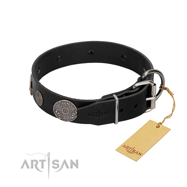 Rust-proof D-ring on full grain genuine leather dog collar