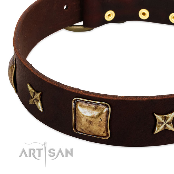 Strong D-ring on full grain genuine leather dog collar for your four-legged friend