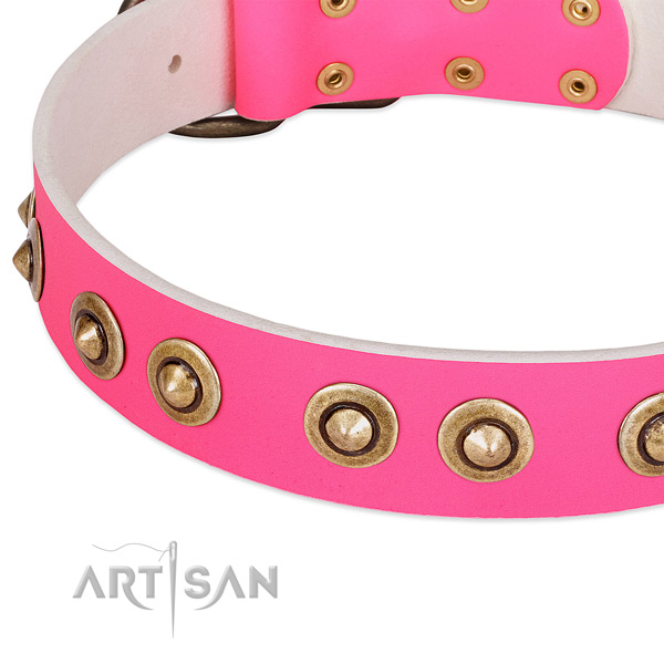 Corrosion proof adornments on natural genuine leather dog collar for your dog