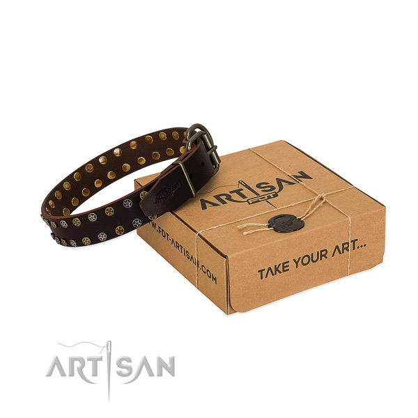 Handy use flexible genuine leather dog collar with adornments