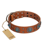 "Blue Sands" FDT Artisan Tan Leather Doberman Collar with Silver-like Studs and Round Conchos with Stones