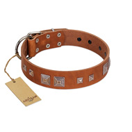 "Egyptian Gifts" Handmade FDT Artisan Tan Leather Doberman Collar with Chrome-plated Pyramids